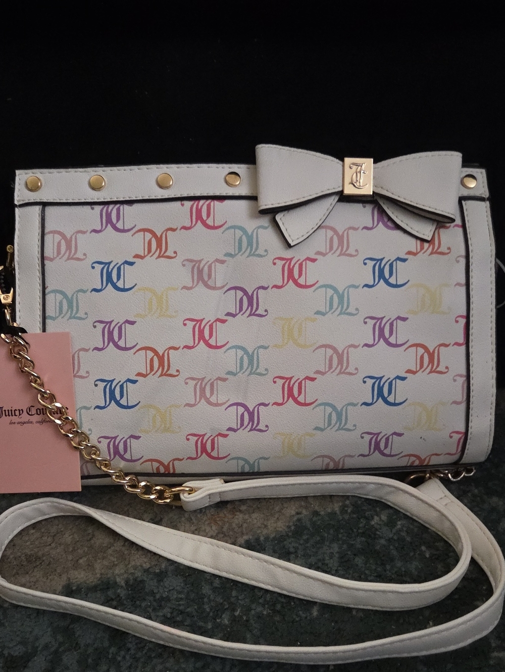 Juicy Couture White Crossbody with Multicolor JC Logo and Bow